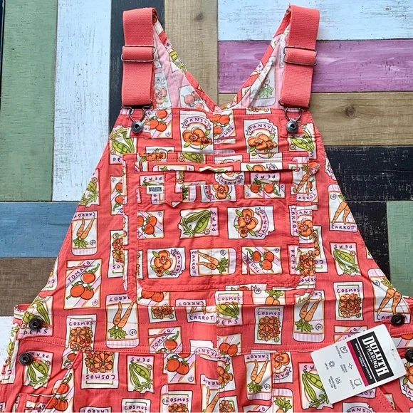 NWT Duluth 1X x31L Heirloom Gardening Bib Overalls Coral Seed Packets Farm Bibs - Picture 2 of 8